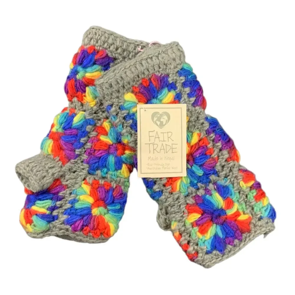 Fair Trade Nepal Wool Crochet Granny Square Fingerless Gloves Rainbow Gray NWT